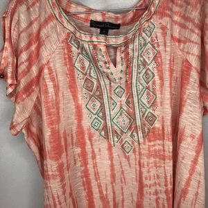 COPY - French Laundry coral-orange tie-dye pattern women’s top embroidery detai…